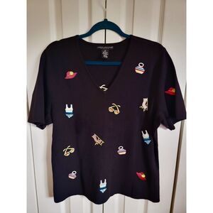 Sarah Spencer Woman 1X Womans Sweater Black Short Sleeve Knit V-Neck Embroidered